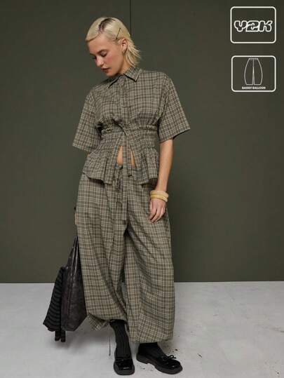 COUREZ Pantalones holgados tipo globo de tiro bajo con cintura elástica y cordones ajustables en la basta a cuadros