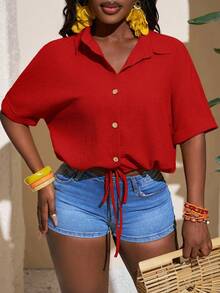 Slaydiva Áo sơ mi tay ngắn màu cam vải kết cấu mới cho mùa xuân/hè - Đỏ - Xem 4