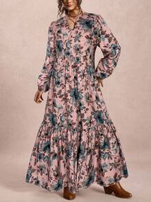 Freevana Vestido maxi de manga larga con estampado de flores para mujeres de talla grande, vestido maxi de invierno con cuello en V para mujeres, disfraz de Halloween de estilo muñeca, vestido largo de estilo perezoso y casual, atuendos para salir, atuendos de maestro, vestido largo de talla grande para salir - Rosa coral - Ver 3