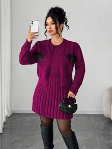 Elenzga Đầm không tay thanh lịch dành cho nữ kèm áo khoác cardigan dài tay, bộ đồ dệt kim dáng rộng cỡ lớn, trang phục áo khoác ngoài, bộ đồ mùa đông - Màu đỏ tím - Xem 5