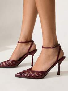 CUCCOO CHICEST 女士尖头镂空扣设计时尚优雅高跟鞋 - 酒紅色 - 查看 6