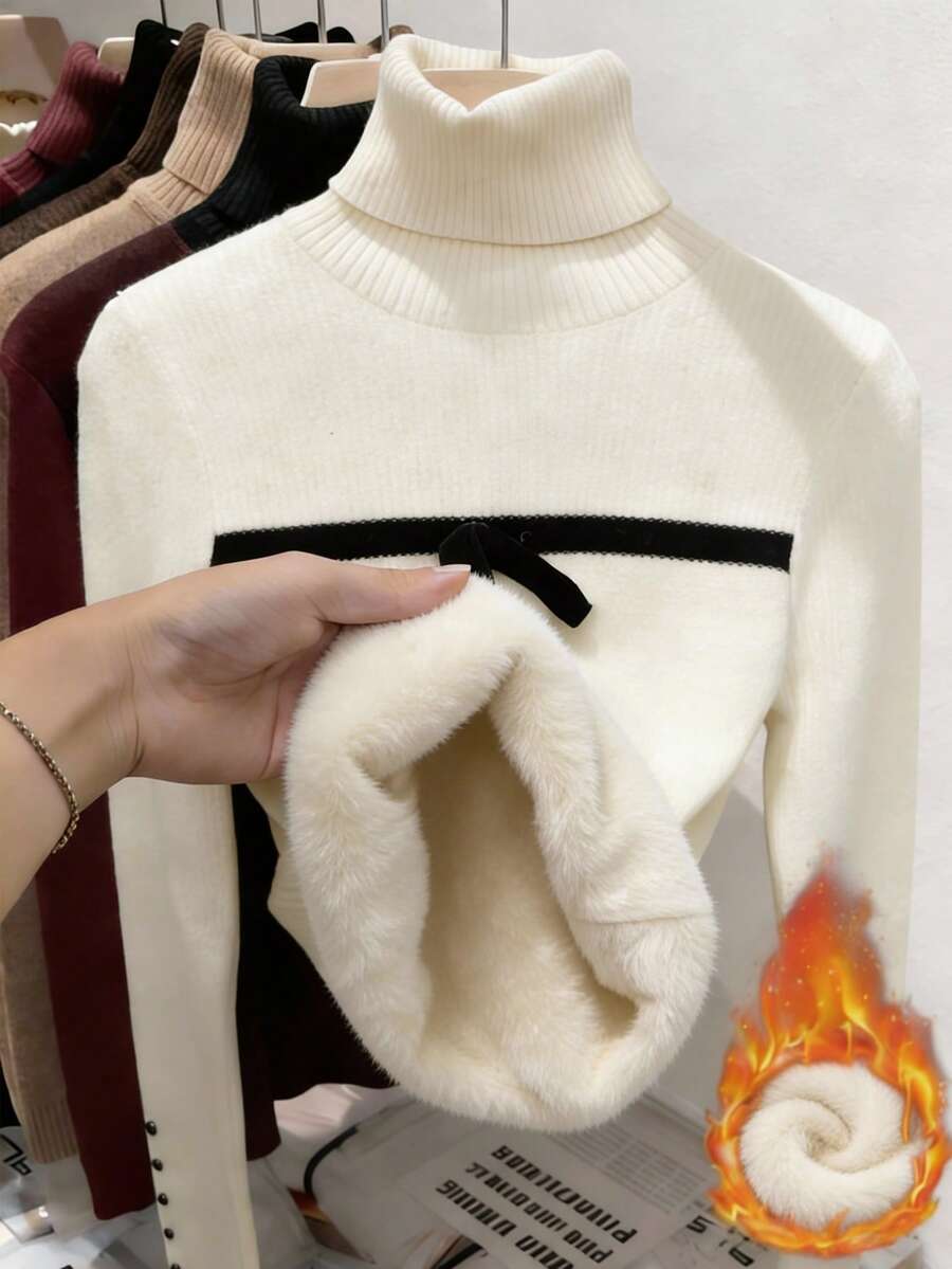 Franclia Women's Turtleneck Ruffle Button Design Long Sleeve Knit Pullover Sweater With Bow, Tight Fit Thermal Lining - Beige - View 1