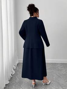 Elenzga 大码女士时尚双排扣收腰灰色西装外套和灰色长款百褶裙套装，秋季 - 藏蓝色 - 查看 2