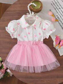 SHEIN 2pcs/Set Baby Girls Collared Puff Sleeve Heart Print Short Sleeve Blouse + Elastic Waist Mesh Tutu Skirt Cute Casual Outfit, Suitable For Spring/Summer Daily Outings Or Travel Skirt فستان دانتيل - Pink - View 4