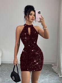 Rafferiza 黑色亮片露背弹力性感无袖修身连衣裙/约会/派对/夜店/街头/万圣节/情人节/生日礼服/春/夏/秋/冬新款短裙 - 中紫紅色 - 查看 7