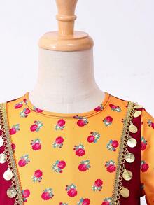 SHEIN Long-Sleeved Floral Print Sequin Abaya Arabic Muslim Young Girls Dresses Fitted Waist - Multicolor - View 5
