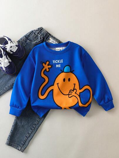 Mr Men Little Miss X SHEIN Young Boy Letter & Cartoon Pattern Crew Neck Long Sleeve Sweatshirt