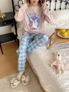 2件組青少年女孩天藍色睡衣套裝 秋季可愛優雅家庭款 格紋兔子與花卉印花圓領長袖上衣與長褲 - 薄荷藍 - 查看 3