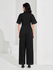 Heiryn 2026 Women's Short Sleeve Casual Jumpsuit With Lapel And Wide Leg, Spring/Summer - Black - View 3