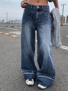 DAZY 女士做旧水洗阔腿牛仔裤，带口袋和撞色裤脚，适合春秋季的休闲街头风长裤，Y2K风格 - 藍色 - 查看 4