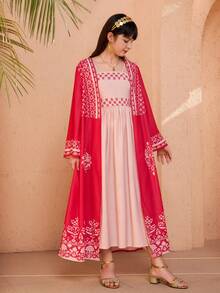 SHEIN 2pcs/Set Tween Girl Jacket & Dress Outfit, Perfect For Spring/Autumn Wear - Burgundy - View 3