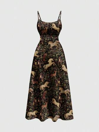Fairycore Vintage Optimized Palace Retro European Garden French Elegant Horse & Floral Magic A-Line Ruffle Strap Dress For Women
