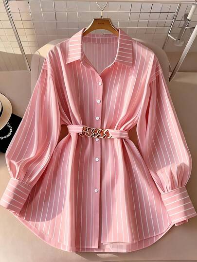 GlowEve CURVE Plus Size Women Striped Long Sleeve Single-Breasted Casual/Work Shirt