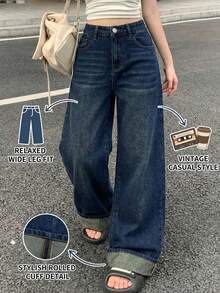 Sparklyn 1pc Classic Casual Durable Dark Blue Straight Leg Jeans For Teen GirlSmooth Comfortable Fabric, Versatile & Durable Design, Suitable For School, Commute & Multipurpose Wear, Straight Leg Fit For Spring & Autumn