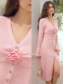 MOTF PREMIUM STEREO FLORAL FLARE SLEEVE SWEATER DRESS - Pink - View 7