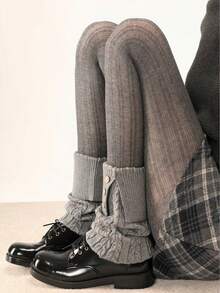 ROMWE Kawaii 1双Y2K复古翻边拼接纽扣设计腿套，时尚简约，适合日常、上学、约会、旅行等各种场合，秋冬季 - 中灰色 - 查看 4