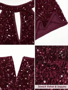 Rafferiza 黑色亮片露背弹力性感无袖修身连衣裙/约会/派对/夜店/街头/万圣节/情人节/生日礼服/春/夏/秋/冬新款短裙 - 中紫紅色 - 查看 8