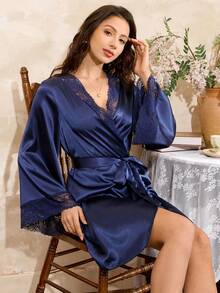 Côtesoire Women's Solid Color Contrast Lace Long Sleeve Elegant Robe Satin Sleepwear Set Lingerie Robe Set Silk Robe Set Silk Robes For Women Sleep Wear Women Silk - Navy Blue - View 3