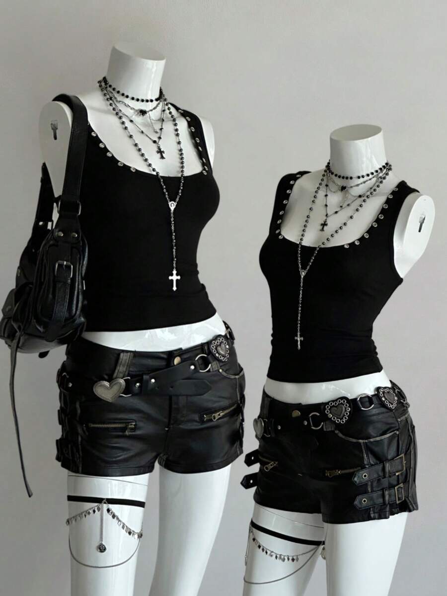 Jeanoix Women's Sexy Metallic Decor Minimalist Bodycon Camisole For Commuting - Black - View 1