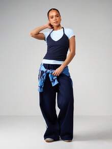 MISSGUIDED Áo thun ngắn tay cổ yếm xếp lớp, chất liệu gân, ôm sát, phối màu tương phản, thích hợp mặc mùa hè. - Nhiều màu - Xem 5