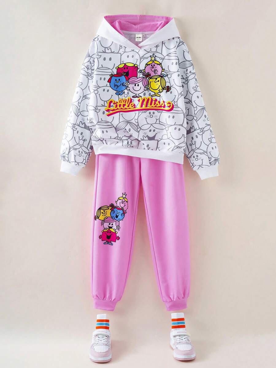 Mr Men Little Miss X SHEIN Tween Girl Casual Cartoon Pattern Hoodie And Pants Set, Autumn - Multicolor - View 1
