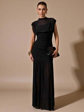 SHEIN BAE Svart omlottklänning med sjal, elegant, skir och rynkad klänning, lämplig för romantiska dejter, fester, formella sammankomster, brudtärneklänningar, sommarklänning för kvinnor, tebjudningsklänning, nyår, alla hjärtans dag, miniklänning för födelsedagar, svart klänning