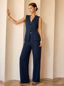 Lymera Neue Damen Mode Lässig Vielseitige Party & Büro Outfit, marineblauer Business-Casual Strick Metallic Knopf Weste kombiniert mit passender Weite Bein Hose Set - Blau - Übersicht 6