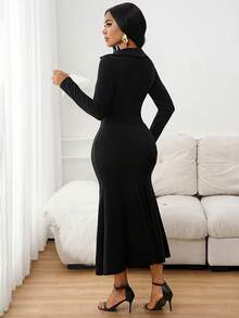 SHEIN Lady Women's Solid Color V-Neck Long Sleeve Ruched Elegant Waist-Cinched Maxi Fishtail Dress, Suitable For Parties And Events - Black - View 2