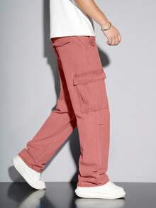 Claim Dot Loose Fit Men's Flap Pocket Side Cargo Jeans Men Cargos Pants - Pink - View 3
