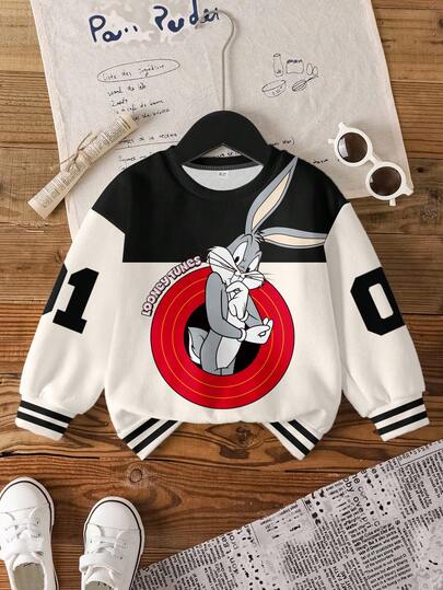 LOONEY TUNES X SHEIN Young Boy Casual Fashionable Street Sporty Cartoon Rabbit & Number Letter Graphic Colorblock Thermal Lined Sweatshirt, Autumn/Winter