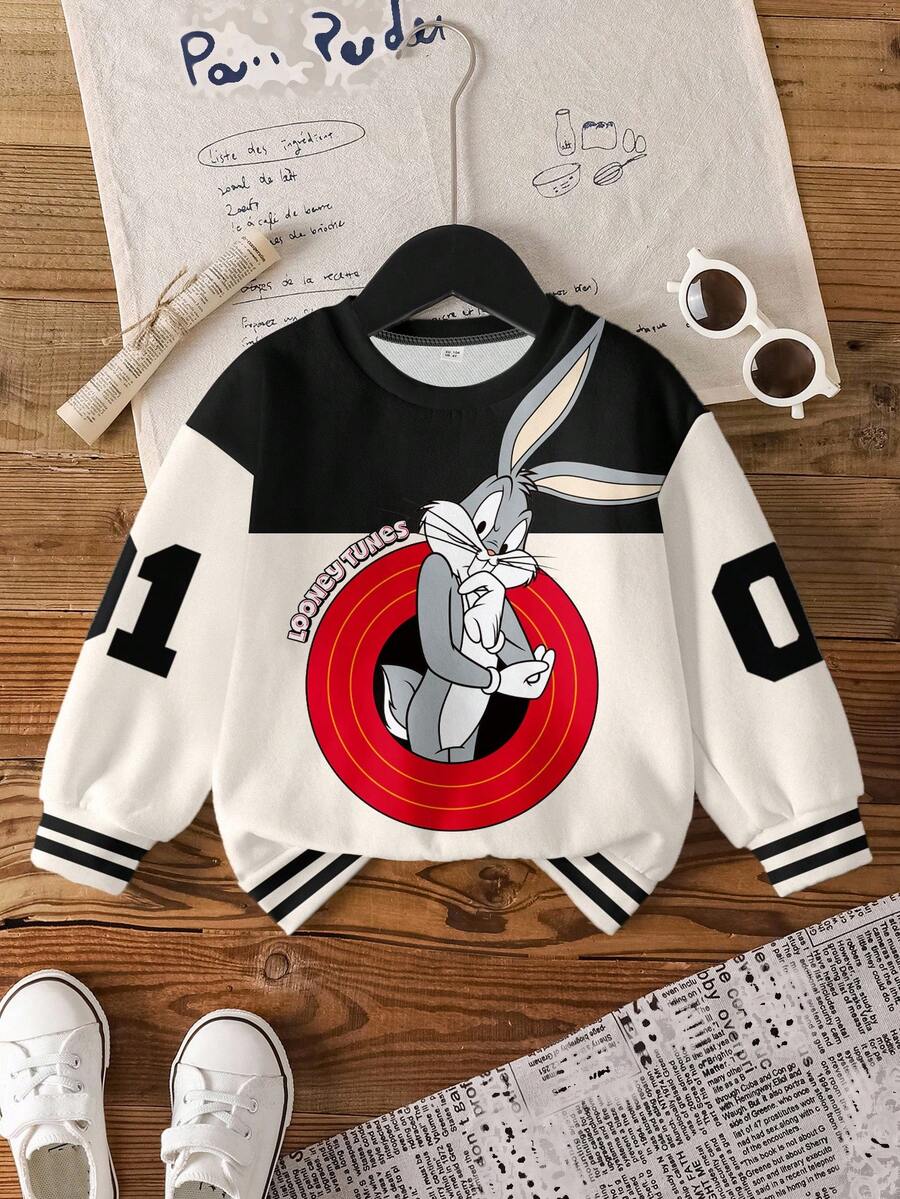 LOONEY TUNES X SHEIN Áo nỉ lót nhiệt họa tiết thỏ và số, thời trang đường phố, phong cách hoạt hình, dành cho bé trai, mùa thu/đông - trắng - Xem 1