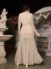 VOLUPTÉ CURVE Plus Size Spring And Summer Ivory V-Neck Long Sleeve Ruched Mesh Floor-Length Dress For Formal Occasions, Parties, Going Out, Graduation, Birthdays - Apricot - View 3