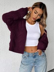 GENKIRA Áo len cardigan cổ chữ V rộng rãi, mềm mại, sang trọng kiểu Pháp - Màu tím - Xem 2