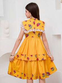 SHEIN Robe ample en tissu tressé à manches bouffantes avec nœud papillon, style casual blocs de couleurs pour préadolescentes. Robe mini simple et décontractée en couleur unie, idéale pour le printemps/été. Manches courtes bouffantes avec nœud papillon contrastant au centre. Robe babydoll courte, robes d'été pour femmes - Kaki - Voir 6