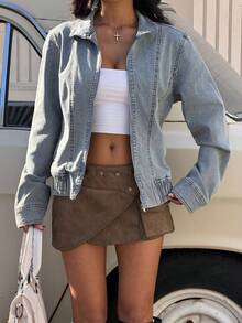 Muchica Women's Autumn/Winter Basic Casual Zipper Denim Jacket, With Pockets, Long Sleeves, Autumn Style - Blue - View 6