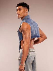 FeverCity 男士时尚性感不对称下摆无袖牛仔上衣，夏季 - 中等水洗藍 - 查看 2