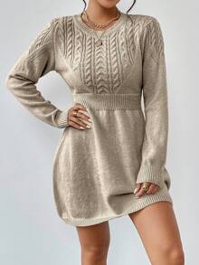 EMERY ROSE Vestido suéter de punto de cable, cuello en V de unicolor, hombros rectos, mangas largas, cintura entallada, cómodo - Camel - Ver 3