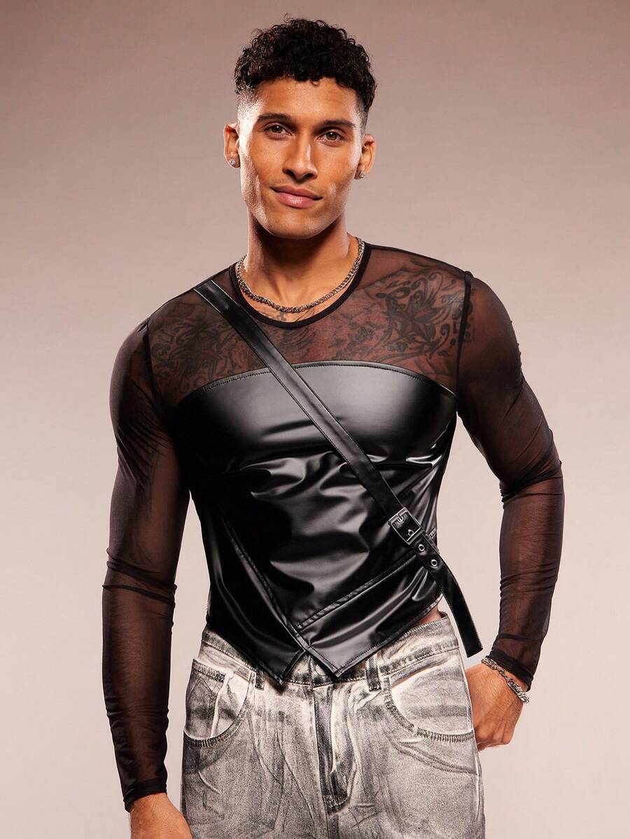 FeverCity Men's Fashionable Sexy Mesh Patchwork T-Shirt - Black - View 1