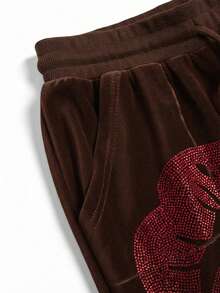 Betty Boop | ROMWE Y2K Rhinestone Betty Pattern Velvet Hooded Sweatshirt & Pants Set - Brown - View 8