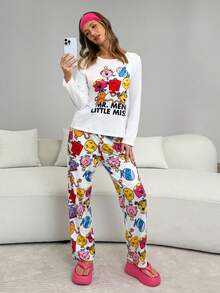 Mr Men Little Miss X SHEIN Conjunto de pijama de top de manga larga con cuello redondo y pantalones con estampado de letras y dibujos animados - Multicolor - Ver 1