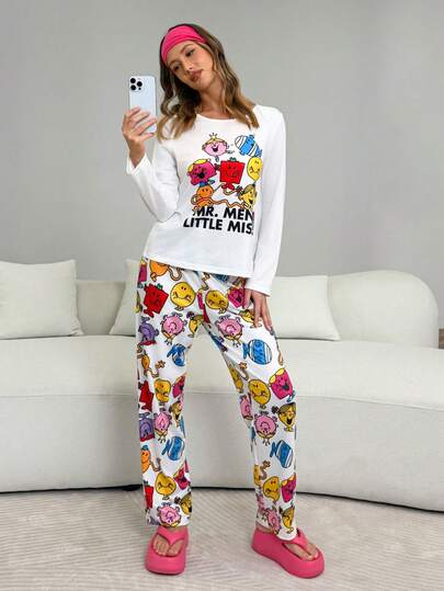 Mr Men Little Miss X SHEIN Letter & Cartoon Pattern Crew Neck Long Sleeve Top And Pants Lounge Set