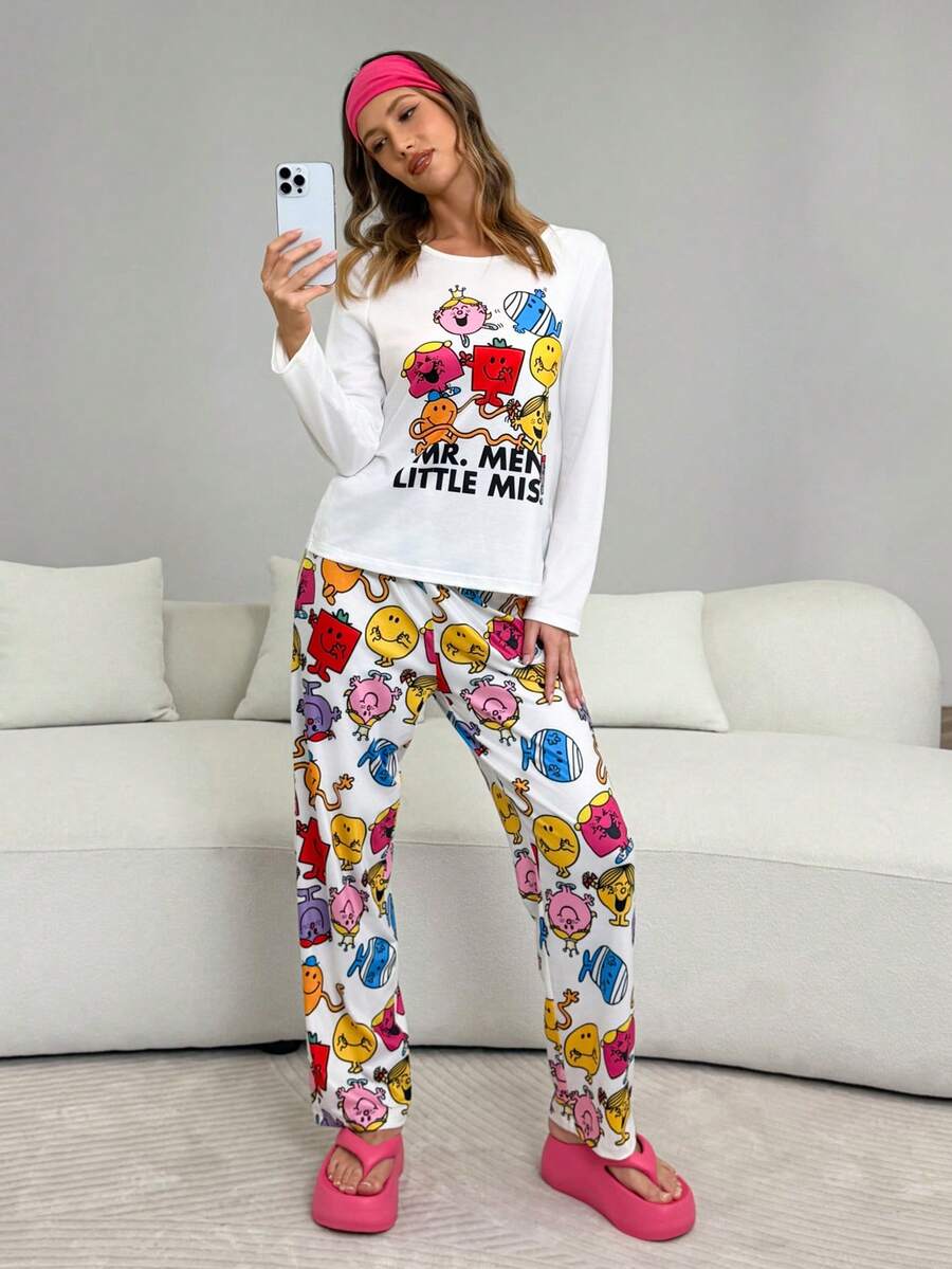Mr Men Little Miss X SHEIN Conjunto de pijama de top de manga larga con cuello redondo y pantalones con estampado de letras y dibujos animados - Multicolor - Ver 1