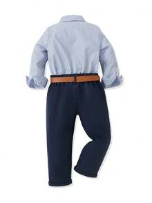 SHEIN 2 件套年轻男孩绅士装 - 条纹长袖衬衫和西装裤配腰带，时尚适合生日派对、婚礼、洗礼