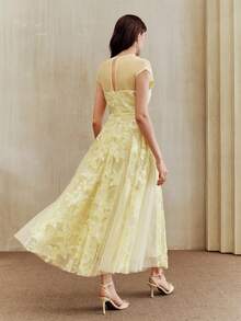 Anewsta Spring/Summer New Women's Birthday Party Gift Dress, Beaded Embroidered Sequin Polka Dot Mesh Round Neck Sleeveless Waist Cinched Ladies Dress - Yellow - View 2