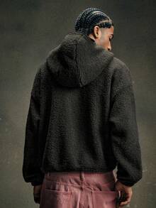AXEPEAK 男士几何刺绣拉链连帽羊羔绒衫 - 黑色 - 查看 3