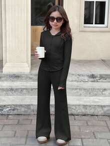 Tween Girls 2pcs Solid Drawstring Hoodie Top And Wide Leg Pants Set, Casual For Spring/Autumn, Daily Wear - Black - View 13