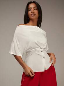 Athîral Women's Elegant White Off-Shoulder Fitted Top,Summer Short-Sleeved Knit Fabric,Button-Down Waist Design,Plus Size Curve Tops For Brunch & New Year's - Beige - View 1