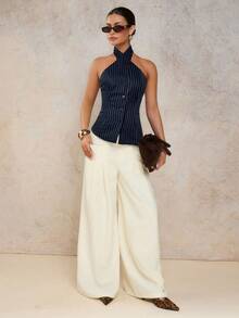 COSMINA Women's Elegant Striped Halter Neck Bodycon Tank Top, Versatile For Commute And Everyday Wear, All Season - Blue and White - View 4