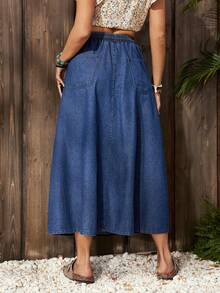 EMERY ROSE Chân váy midi denim dáng chữ A, thắt eo, có túi và cúc cài, dành cho nữ, kiểu dáng thường ngày. - Màu xanh lam - Xem 2