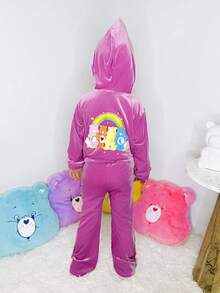 SHEIN X Care Bears Young Girl Cute Pink Heart Embroidered Velvet Hooded Jacket And Flare Pants Set - Pink - View 3